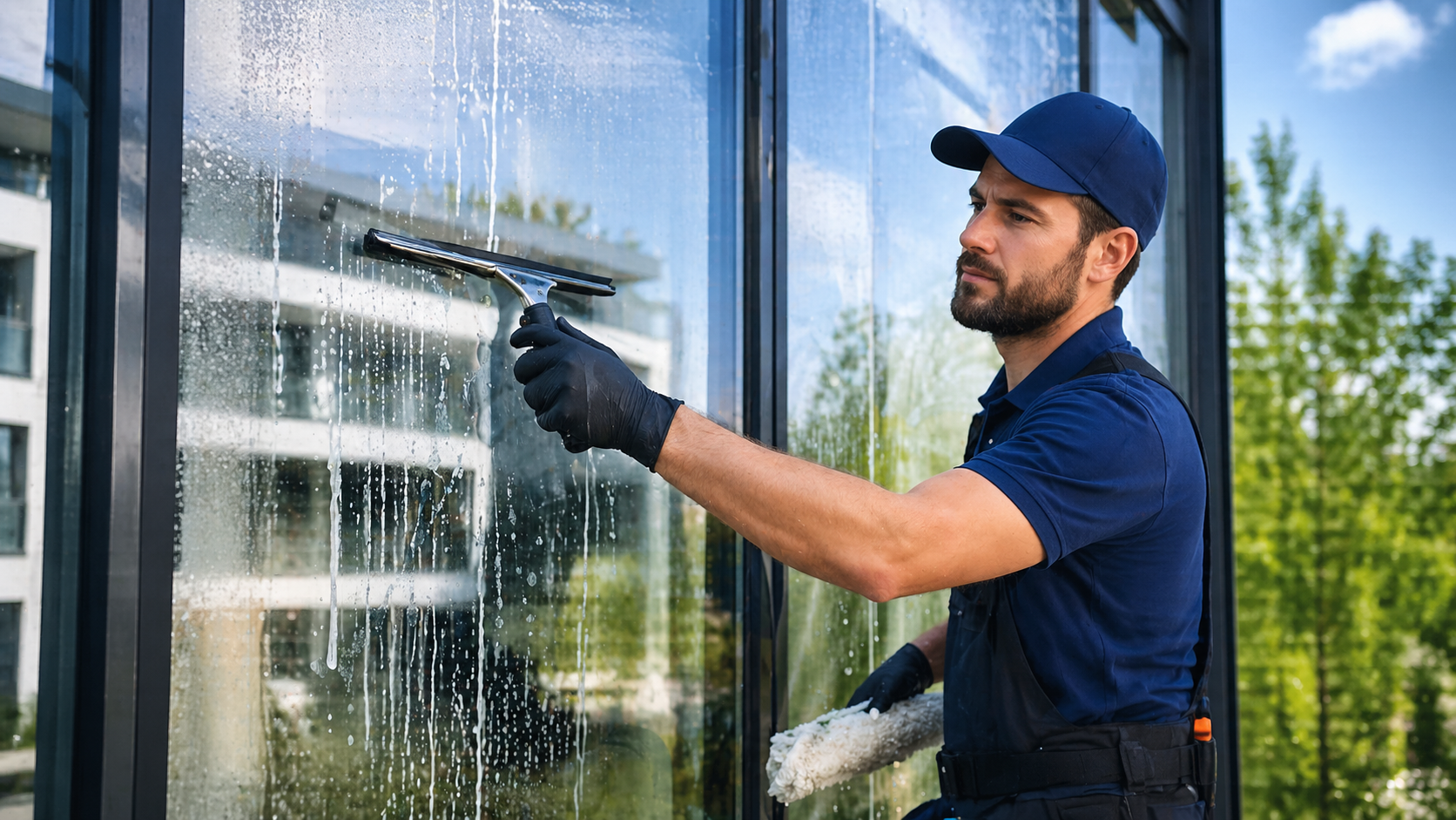 Fensterreinigung durch eine in blau gekleidete Reinigungskraft
