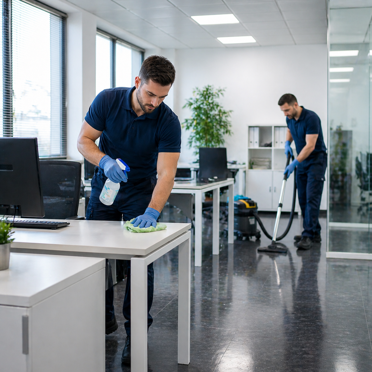 Büroreinigung durch zwei Reinigungskräfte