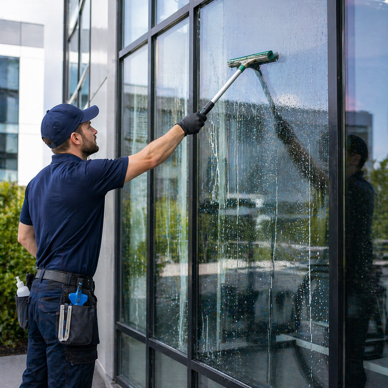 Fensterreinigung, durchgeführt durch eine Pflegekraft